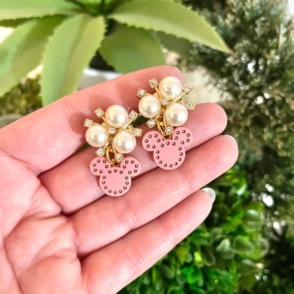 Cubic Zirconia and Pearl Pink Mickey Earrings - Picture 4 of 5